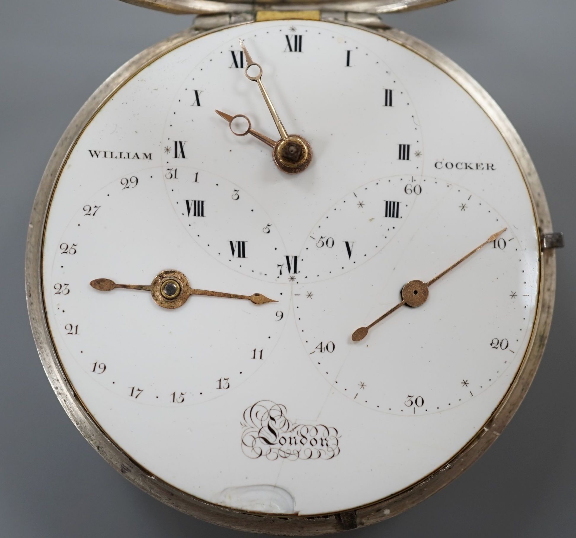 A George III silver pair case keywind pocket watch, by John Williams, Shoreditch, with unusual triple dial, retailed by William Crocker, case diameter, 48mm, the signed movement with diamond set cock.